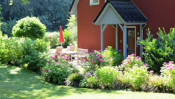 A red building with a small porch and a garden with flowers and shrubs. - Herring Gull - Herring Gull (Heringsdorf)
