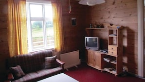 Tunnelmallinen huone, jossa on ruutukuviollinen sohva, puinen hyllykaappi, televisio ja ikkuna, jossa on verhot.