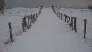 Un sentiero innevato delimitato da recinzioni in legno e filo spinato, che si inoltra in un paesaggio nevoso.