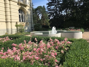 A garden with a fountain, pink flowers, and a building with classical architecture.