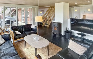 TV, fireplace, table football