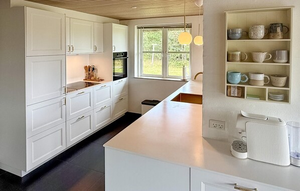 Fridge, stovetop, dishwasher, coffee/tea maker