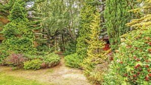 A garden path surrounded by dense greenery and a red structure. - 4 bedroom cozy home in Grzybowo (Grzybowo)