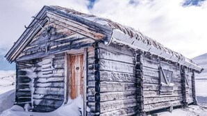 Una cabaña de madera cubierta de nieve, con puerta y ventanas de madera, rodeada de nieve.