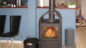 En vedeldad kamin med synliga lågor, svarta stolar, en papperskorg och ett litet bord med en växt.