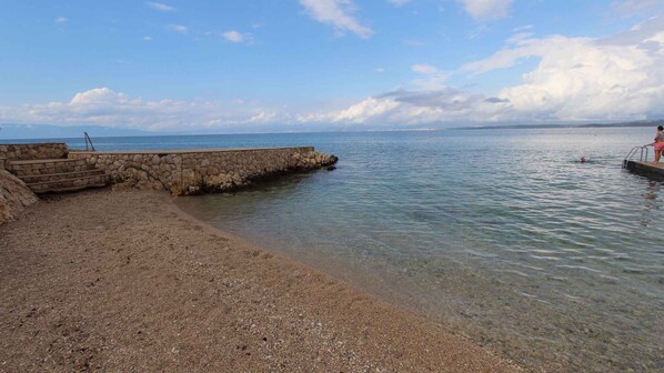A pebbled beach with a stone wall and steps leading to a pier extending into calm waters.