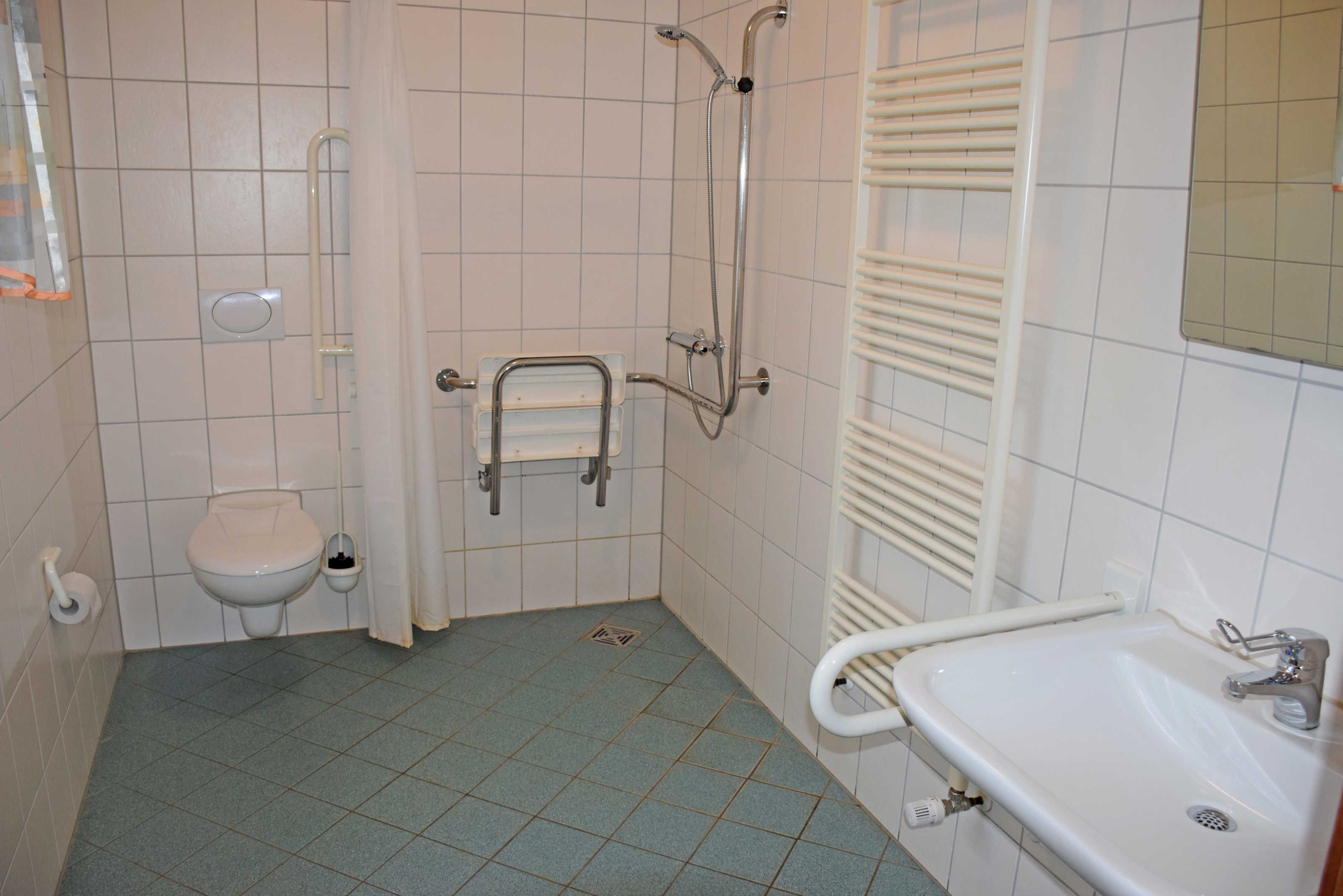 A bathroom with a toilet, sink, shower, and grab bars.