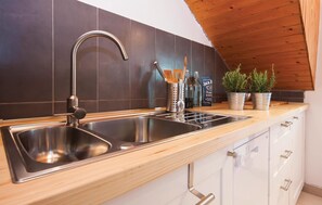 Fridge, stovetop, dishwasher, coffee/tea maker