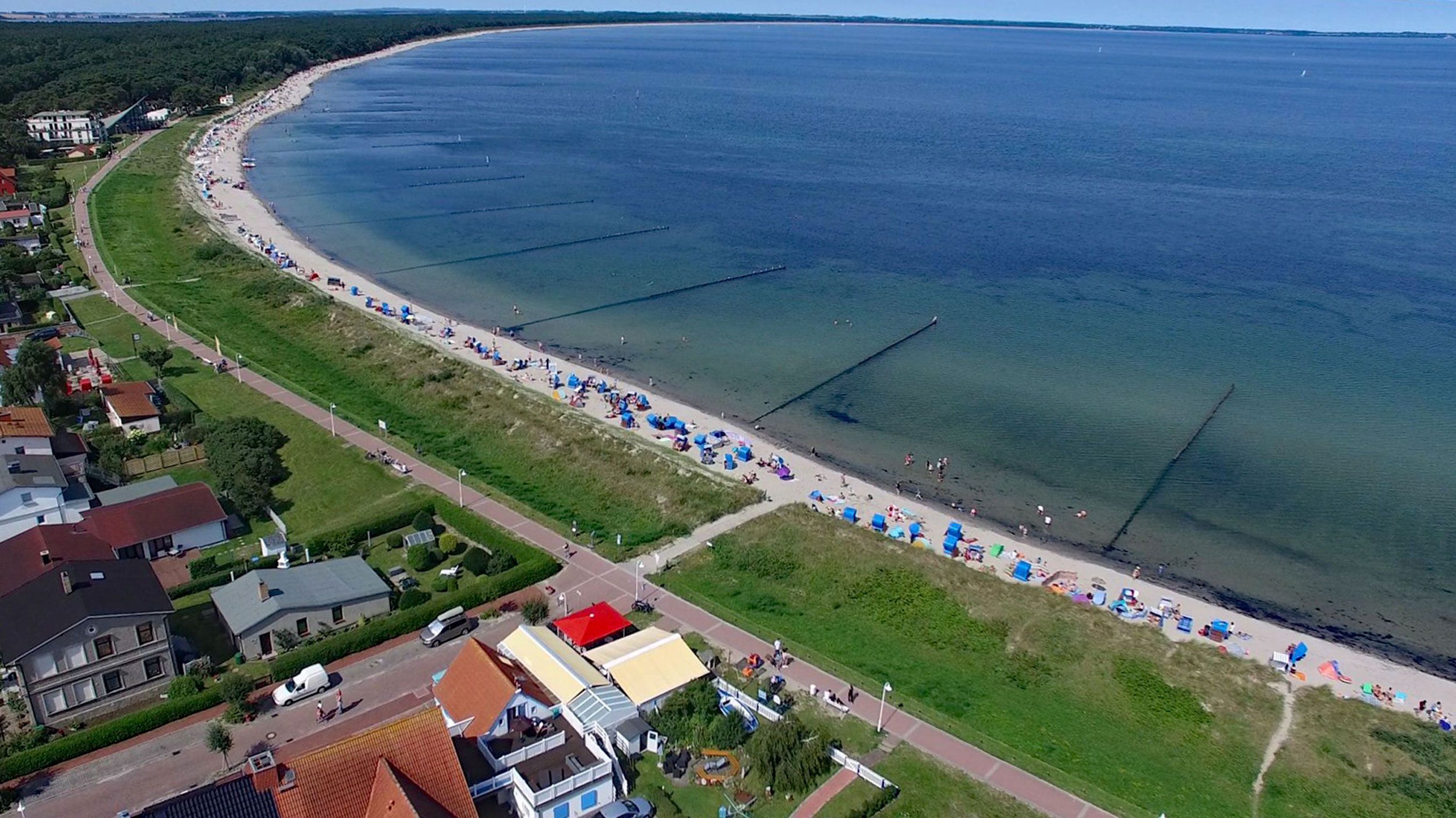 An aerial view of a coastal area with a beach, a road, and residential buildings.