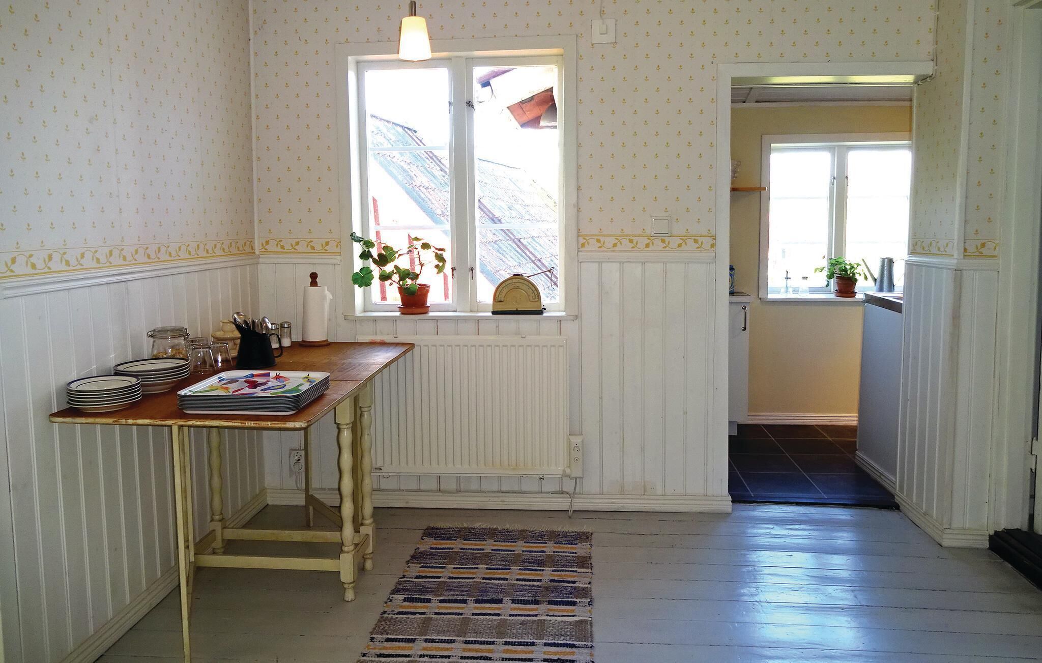 Una cocina con una mesa de madera, una ventana con plantas y un radiador.