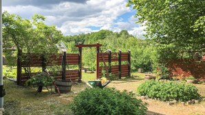 Un giardino con un cancello di legno, una carriola e diverse piante.