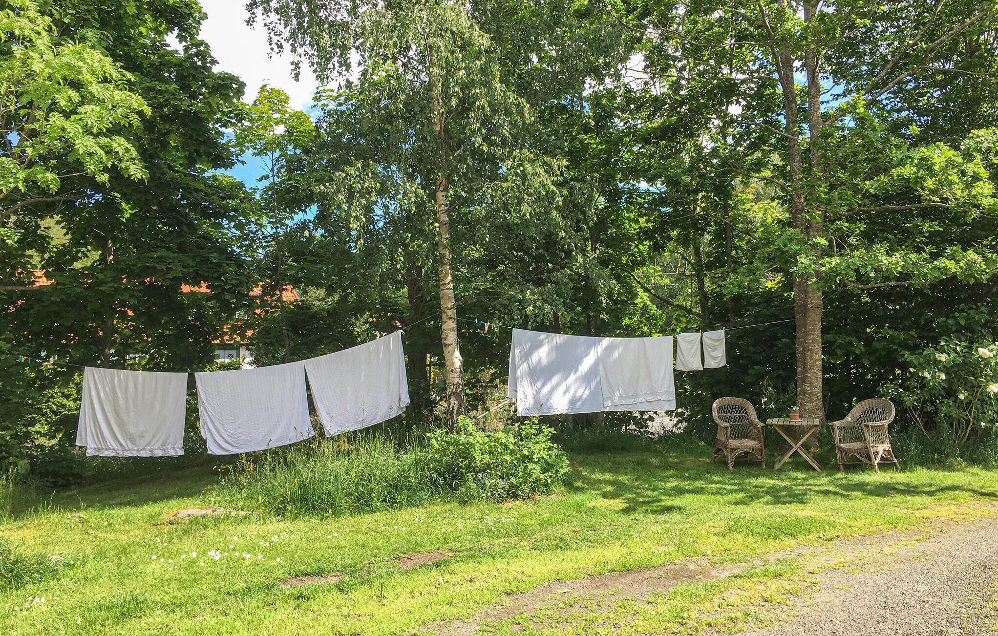 A grassy outdoor area with a clothesline hanging clothes. There are two wicker chairs and a small table.