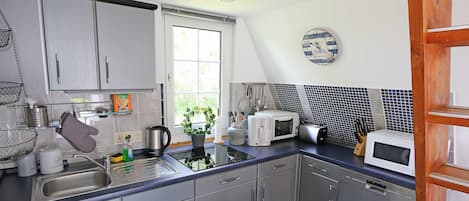 Frigorífico, microondas, lavavajillas y cafetera o tetera