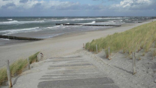 A coastal pathway leading to a beach with a wooden fence and grassy dunes.