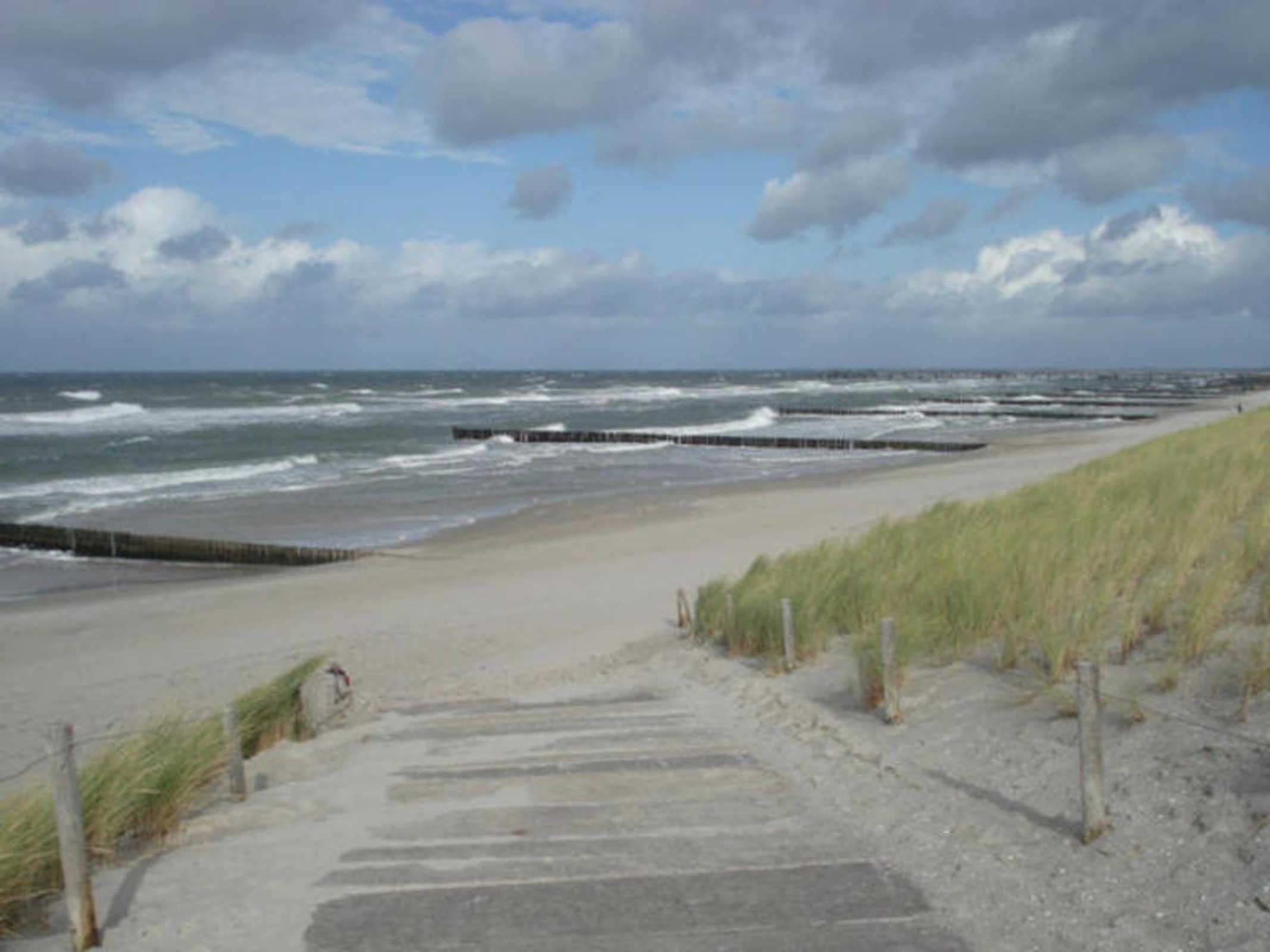 A coastal pathway leading to a beach with a wooden fence and grassy dunes.