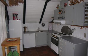 Fridge, stovetop, dishwasher, coffee/tea maker