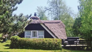 A thatched-roof cottage with white-framed windows, surrounded by greenery and a picnic table.
