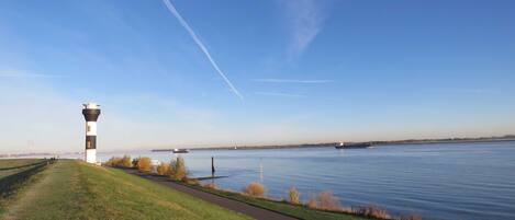 A lighthouse on a grassy hill overlooking a calm body of water with a clear sky.