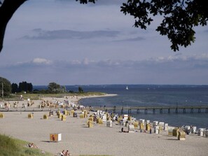 Une plage dotée de nombreuses chaises longues et d’une jetée qui s’avance dans l’eau.