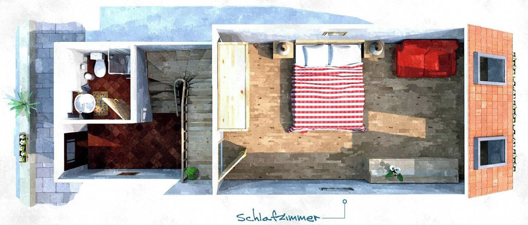A bedroom with a bed, a window, and a bathroom with a toilet and sink.