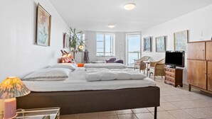 A spacious bedroom with a large bed, a desk, a television, and a view of the outdoors.