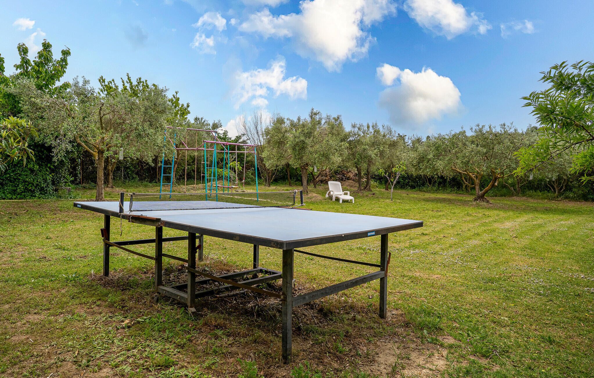 A ping pong table in an outdoor setting with a grassy field and trees in the background.