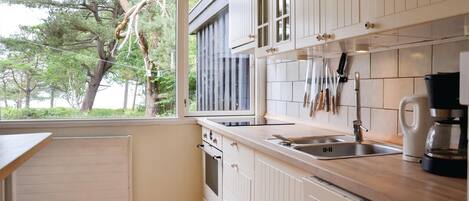 Fridge, stovetop, dishwasher, coffee/tea maker