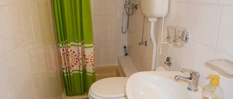 A bathroom with a toilet, sink, and shower.
