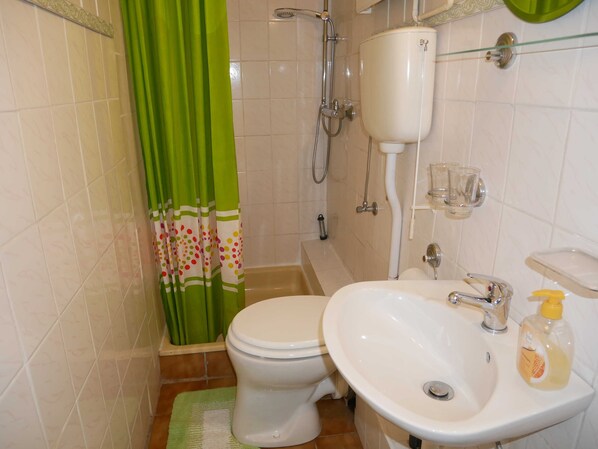 Un baño con inodoro, lavamanos y ducha.