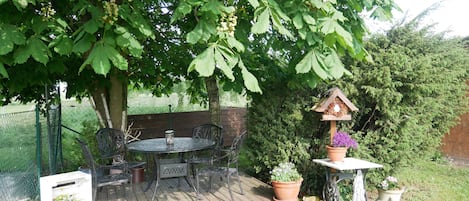 A patio with a table and chairs, surrounded by greenery and a birdhouse.