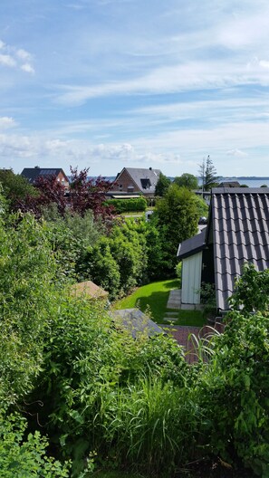 A residential area with houses, a small shed, and a well-maintained lawn.