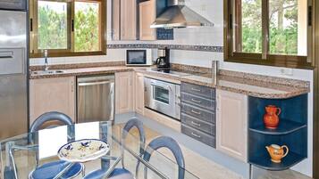 Fridge, stovetop, dishwasher, coffee/tea maker