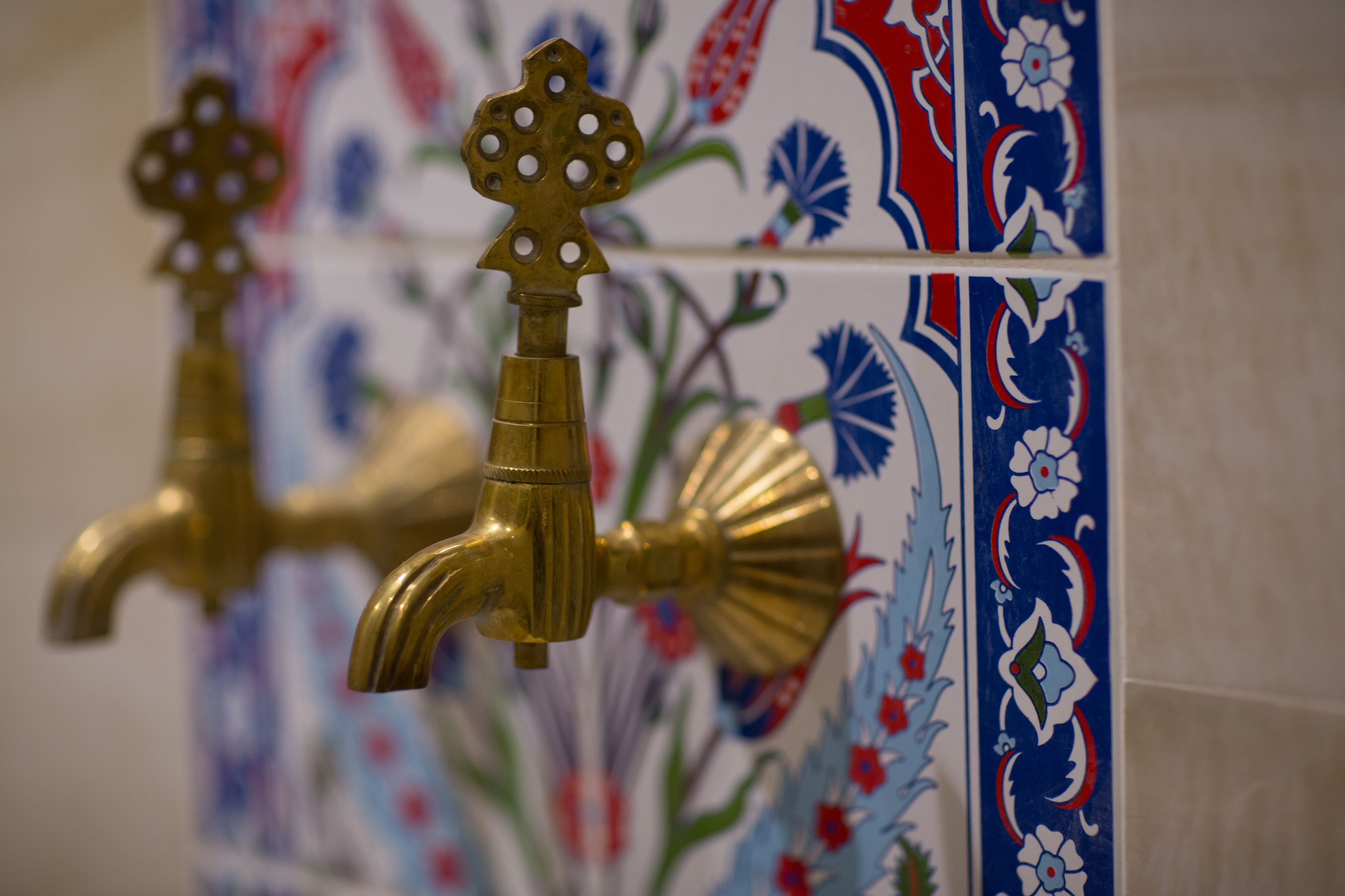 Une salle de bain ornée de carreaux décoratifs aux motifs floraux et dotée d'éléments en laiton.