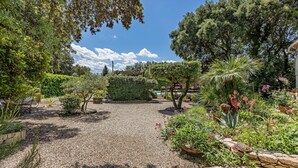 Ein Garten mit Kieswegen, verschiedenen Pflanzen und einer Pergola.