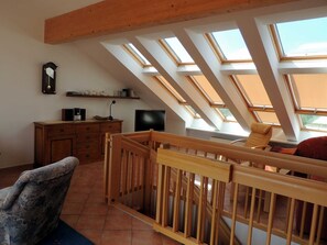 A room with a sloped ceiling, skylights, a wooden dresser, a television, and a chair.