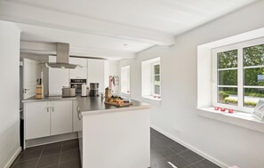 Fridge, stovetop, dishwasher, coffee/tea maker