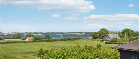 A rural landscape with a large field, a body of water, and a few houses.