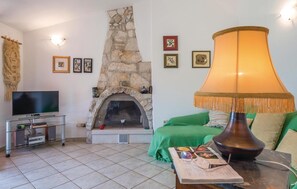 Televisión, chimenea, reproductor de DVD