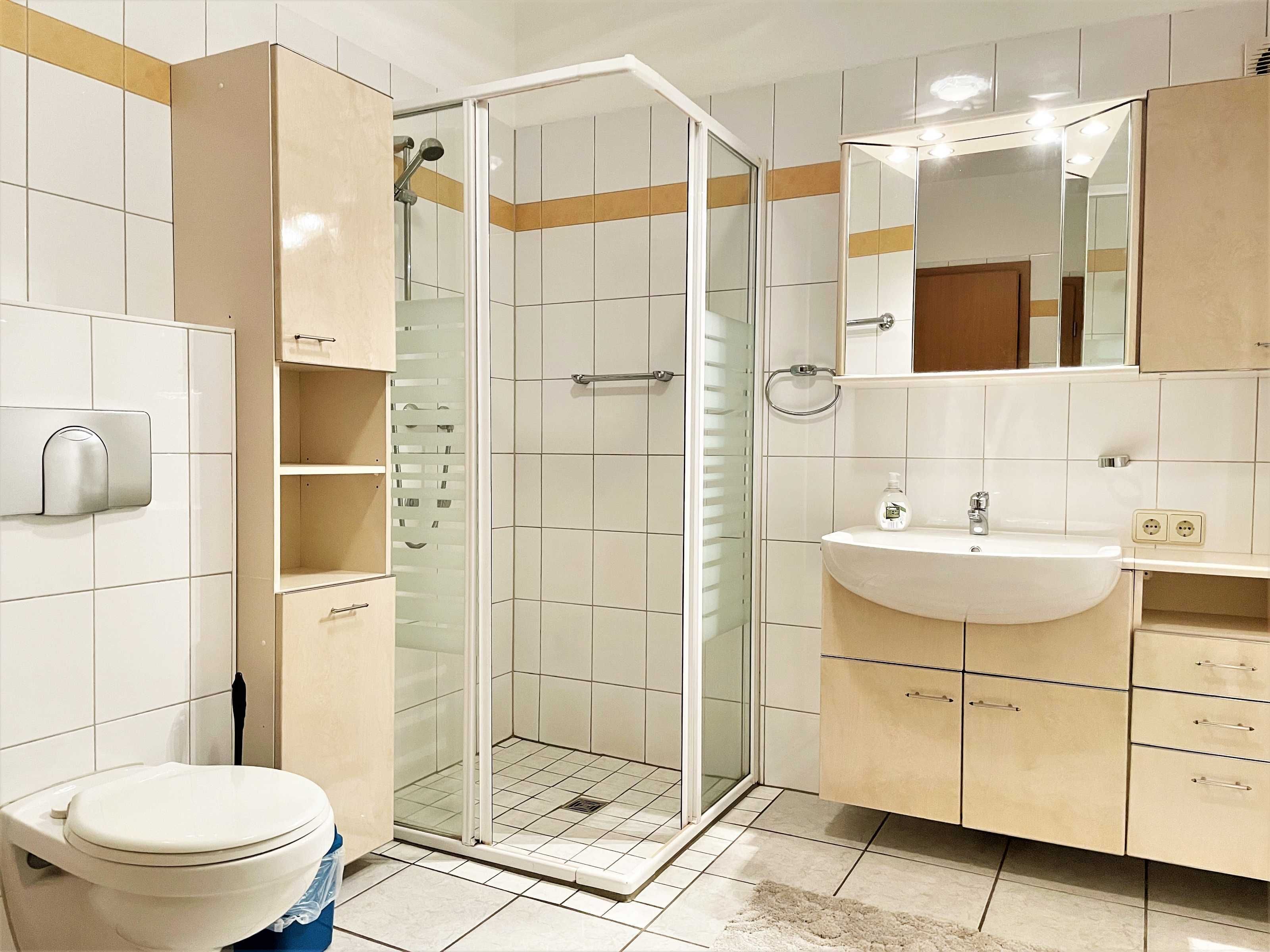 Dusche, Haartrockner, Handtücher, Seife