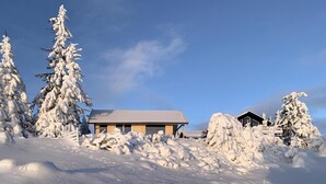 Eine moderne Holzhütte mit geneigtem Dach, umgeben von schneebedeckten Bäumen und wolkenlosem, blauem Himmel.