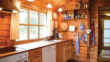 Fridge, stovetop, dishwasher, coffee/tea maker