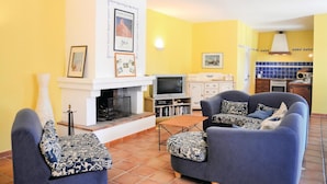 Una sala de estar con chimenea, dos sofás con cojines estampados, un televisor y una cocina con azulejos azules.