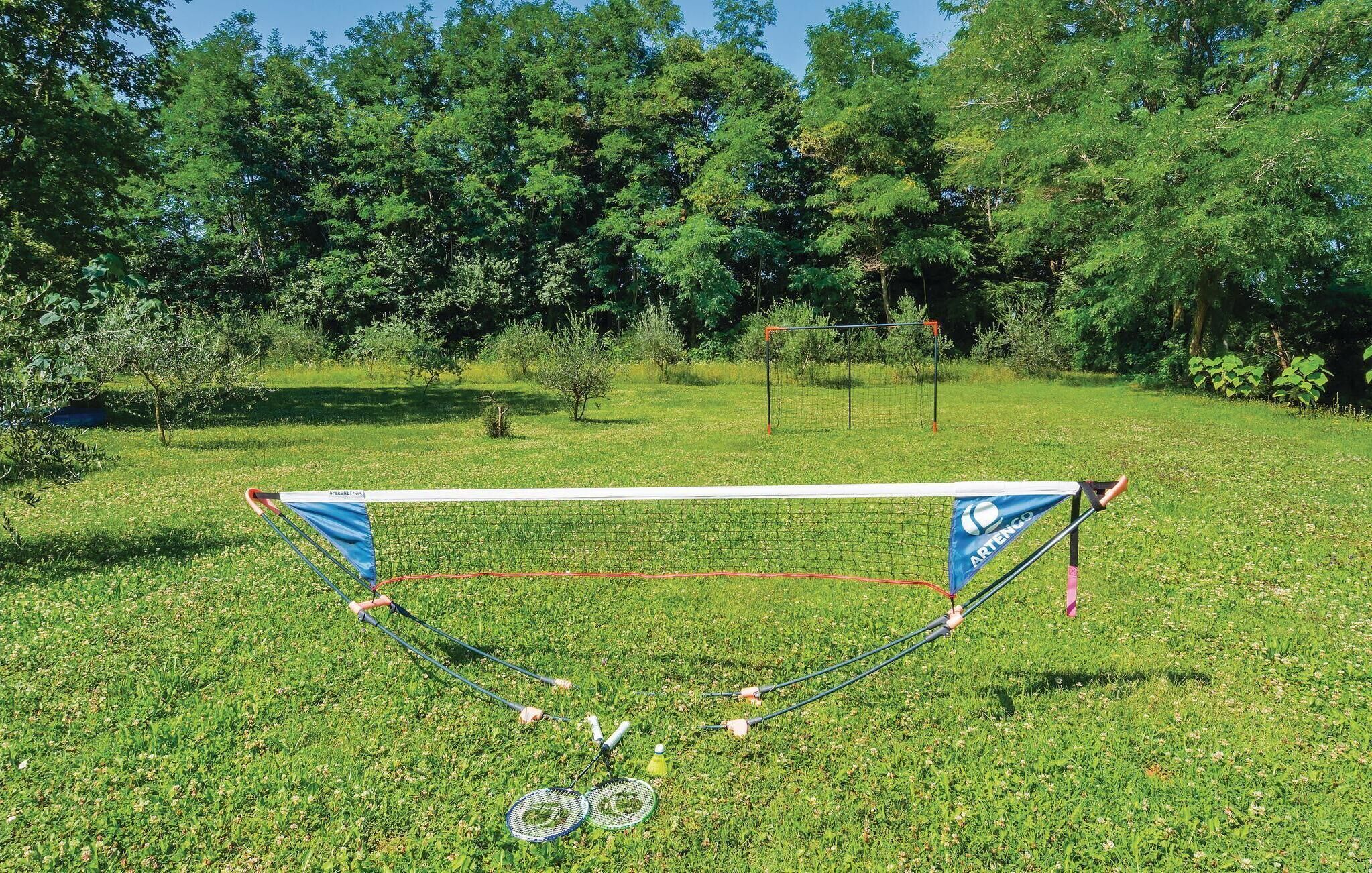 Un terrain de badminton avec un filet, des volants et des raquettes.
