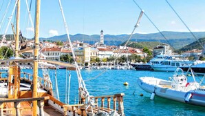 A marina with boats docked, a town in the background, and a prominent tower.