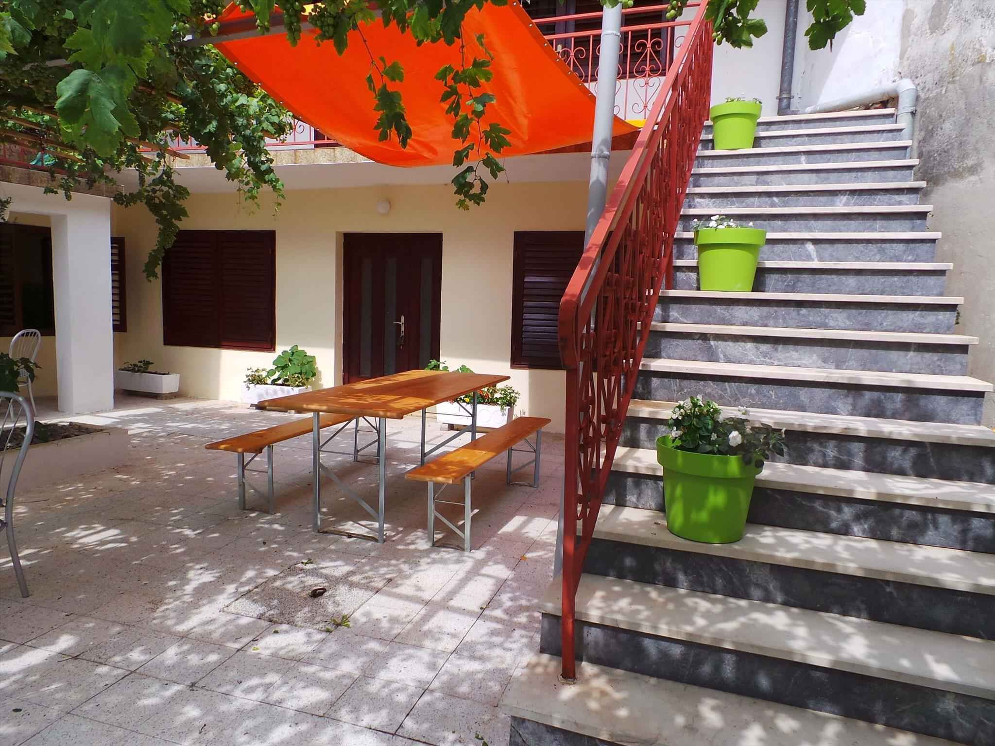 A courtyard with a wooden table and benches, a staircase with green planters, and a red railing.
