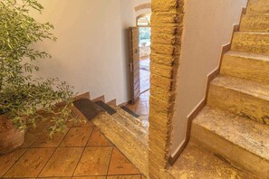 A staircase with stone steps leading to an outdoor area, a potted plant, and a wall with a textured finish.