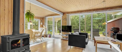 A modern living room with a wood-burning stove, large windows, and a cozy seating area.