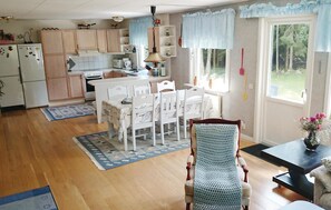 Fridge, stovetop, dishwasher, coffee/tea maker