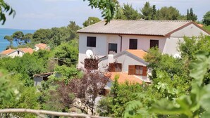 Uma casa com telhado de cerâmica, rodeada por vegetação exuberante e árvores.