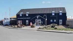 A building with a sign reading "JYLLANDS AKVARIET INDGANG". - Awesome home in Thyborøn with sauna (Thyborøn)